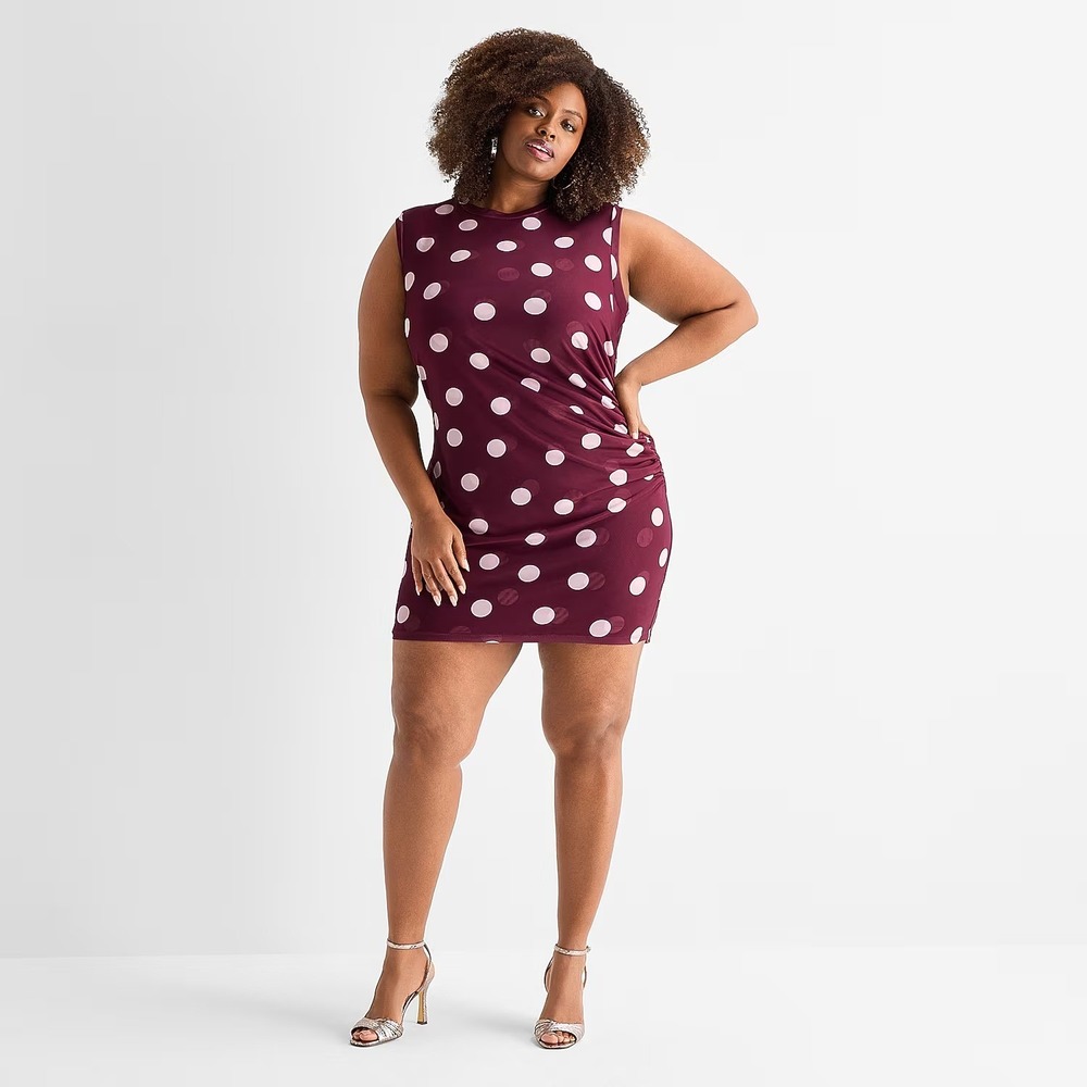 MSRP $90 Ashley Graham Womens 1X Zinfandel Dot Bodycon Dress Sleeveless Crew